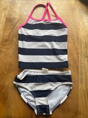 Girls' Navy & White Stripe Tankini with Pink Trim - Kids Swim